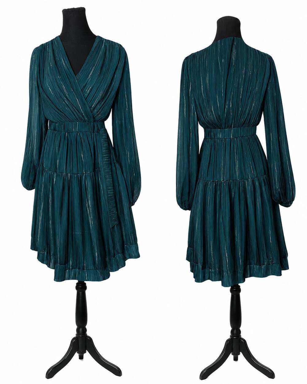 Taylor Pleated Metallic Shadow Stripe V-Neck Long Sleeve Tiered Mini Dress